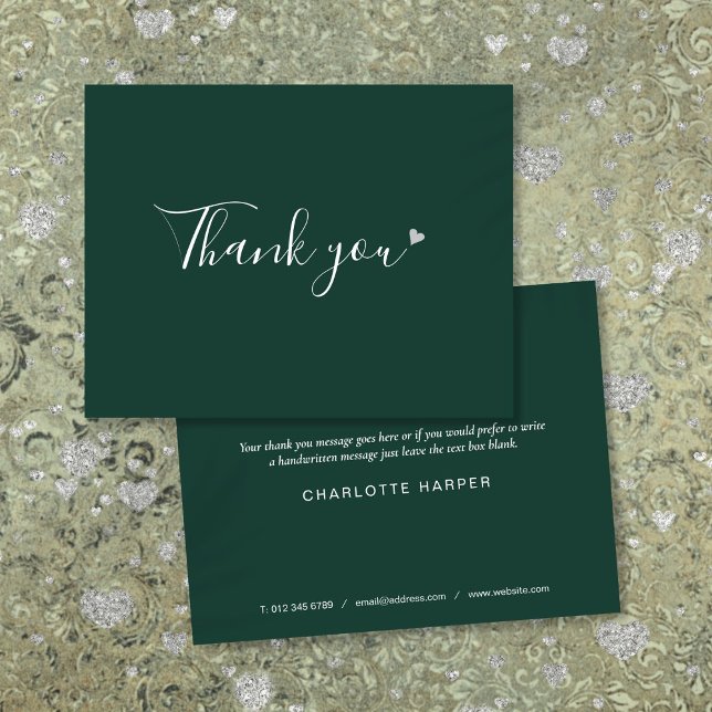 Emerald Green Silver Heart Chic Script Business Dankeskarte (Emerald Green Silver Heart Chic Script Business Thank You Card)