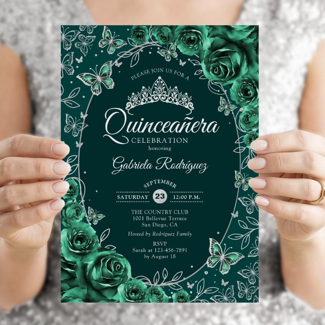 Emerald Green Silver Quinceanera Einladung (Von Creator hochgeladen)