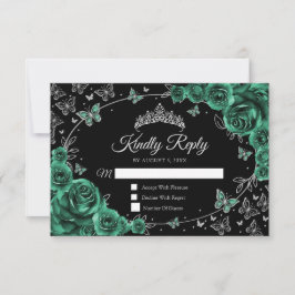 Emerald Green Silver Quinceanera Reply RSVP Karte