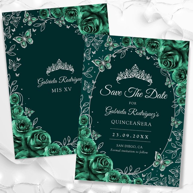 Emerald Green Silver Quinceanera Save The Date (Von Creator hochgeladen)