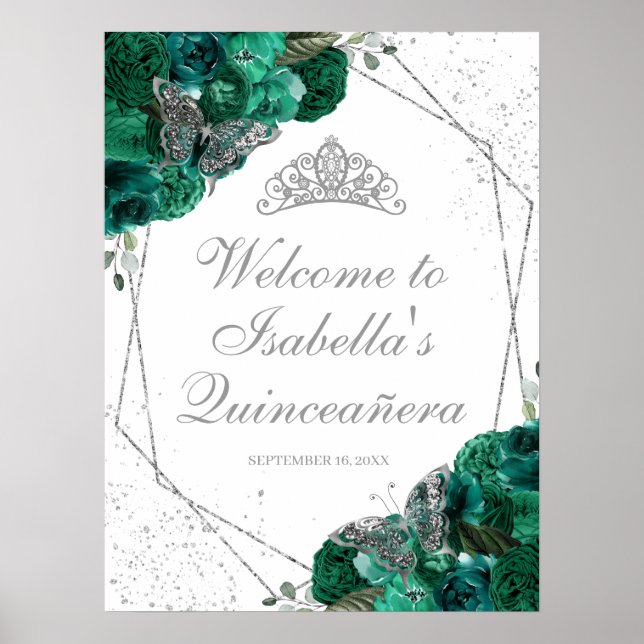 Emerald Green & Silver Tiara Quinceanera Poster (Vorne)