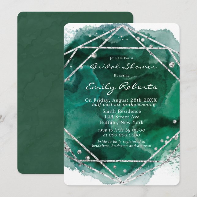 Emerald Green Silver Watercolor Brautparty Einladung (Vorne/Hinten)
