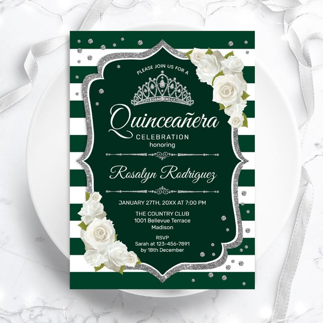 Emerald Green Silver White Elegante Quinceanera Einladung (Von Creator hochgeladen)