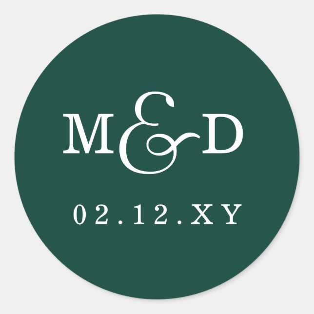 Emerald Green Simple Modern Monogram Wedding Runder Aufkleber (Vorderseite)