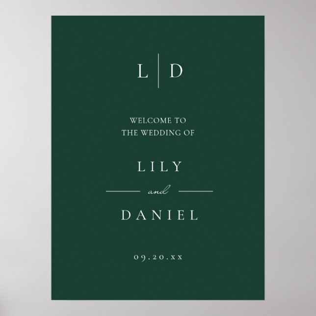 Emerald Green Simple Monogram Wedding Welcome Sign Poster (Vorne)