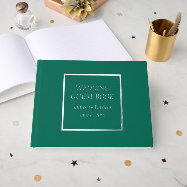 Emerald Green Simple Stylized Letters Wedding Gästebuch (Vorderseite offen)