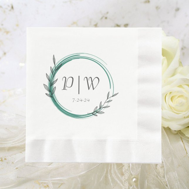 Emerald Green Simple Wreath Monogram Wedding Serviette (In Situ Wedding)