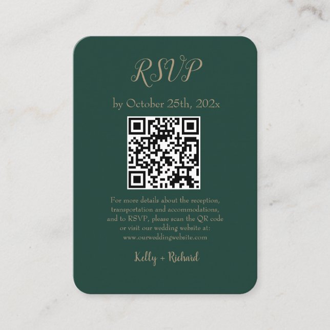 Emerald Green Small Vertical Wedding RSVP QR Code Begleitkarte (Vorderseite)