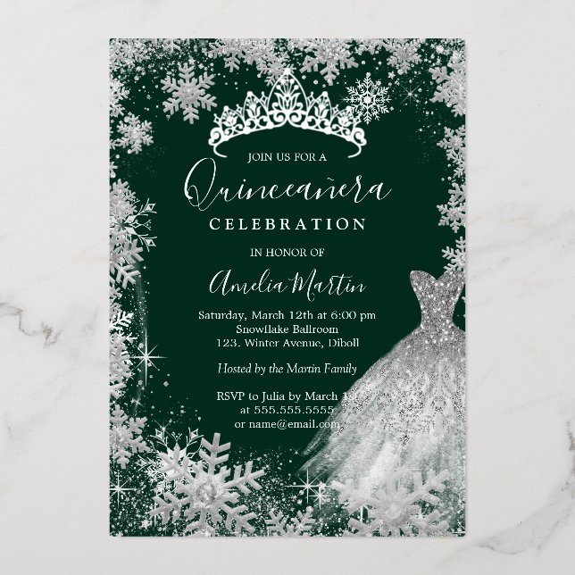 Emerald Green Snowflake Winter Quinceanera Folieneinladung (Vorderseite)