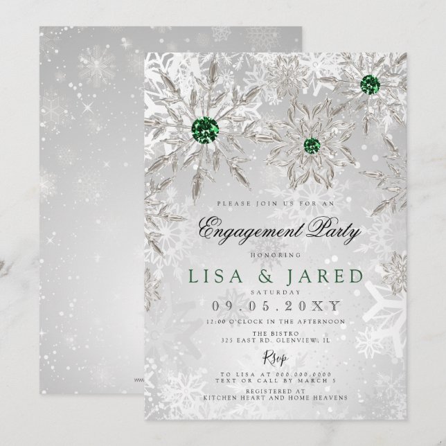 Emerald Green Snowflakes Winter Engagement Party Einladung (Vorne/Hinten)