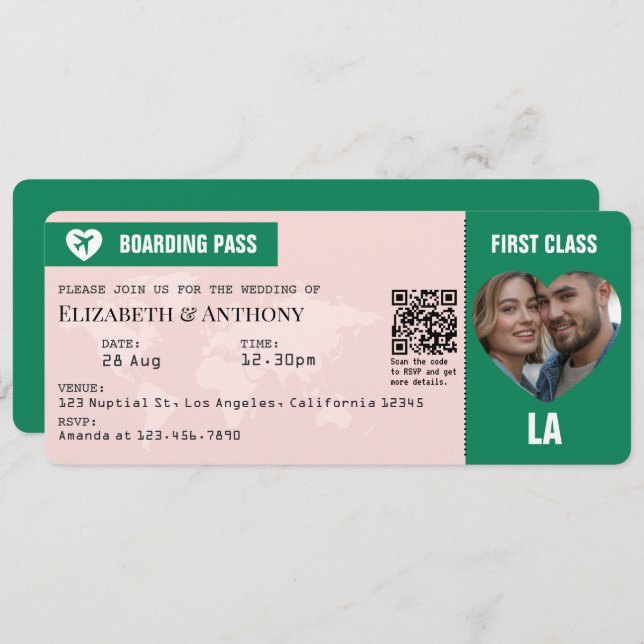 Emerald Green & Soft Blush Boarding Pass Wedding Einladung (Vorne/Hinten)