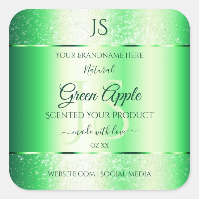 Emerald Green Soft Glitzer Product Labels Monogram Quadratischer Aufkleber (Vorderseite)