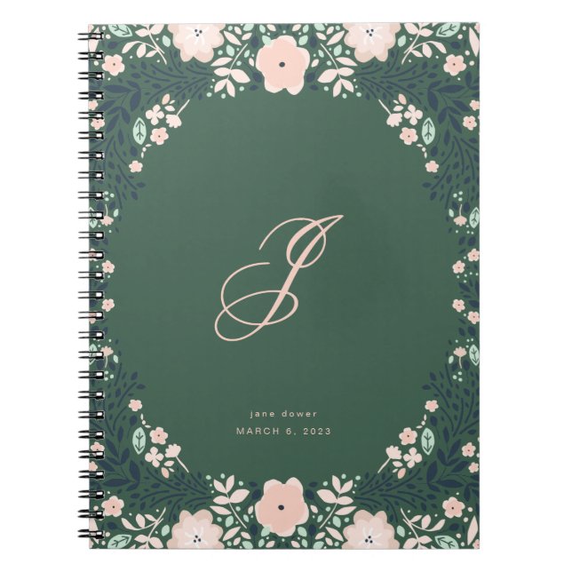 Emerald Green Soft Monogram Floral Personal Custom Notizblock (Vorderseite)