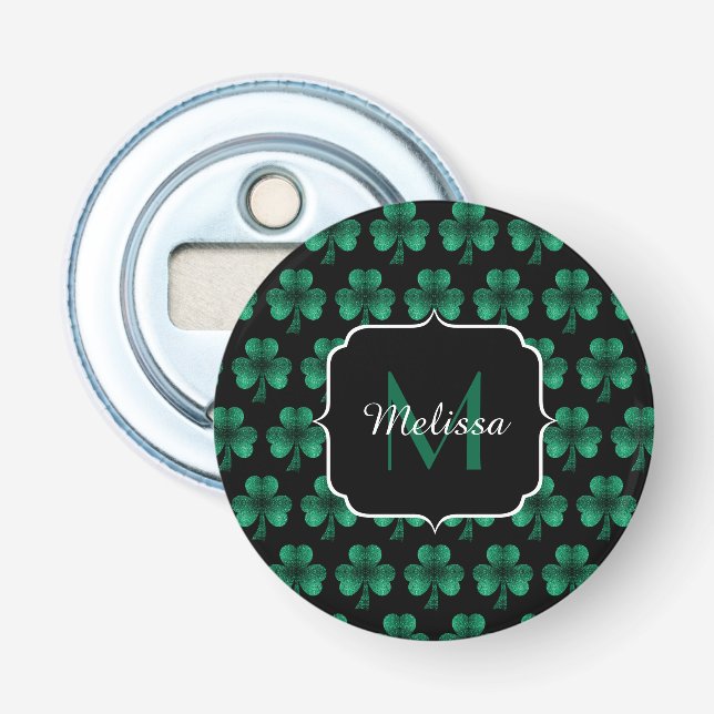 Emerald Green Sparkle Kleeblatt Black Monogram Flaschenöffner (Vorderseite)