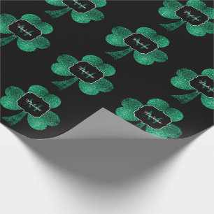 Emerald Green Sparkle Kleeblatt Black Monogram Geschenkpapier