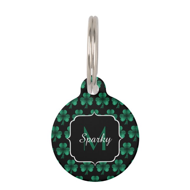 Emerald Green Sparkle Kleeblatt Black Monogram Haustiermarke (Vorderseite)