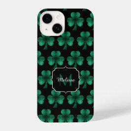Emerald Green Sparkle Kleeblatt Black Monogram iPhone 14 Hülle