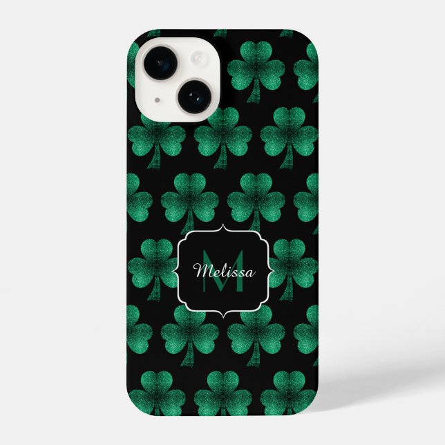 Emerald Green Sparkle Kleeblatt Black Monogram iPhone Hülle (Rückseite)
