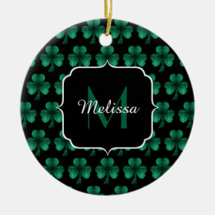 Emerald Green Sparkle Kleeblatt Black Monogram Keramik Ornament