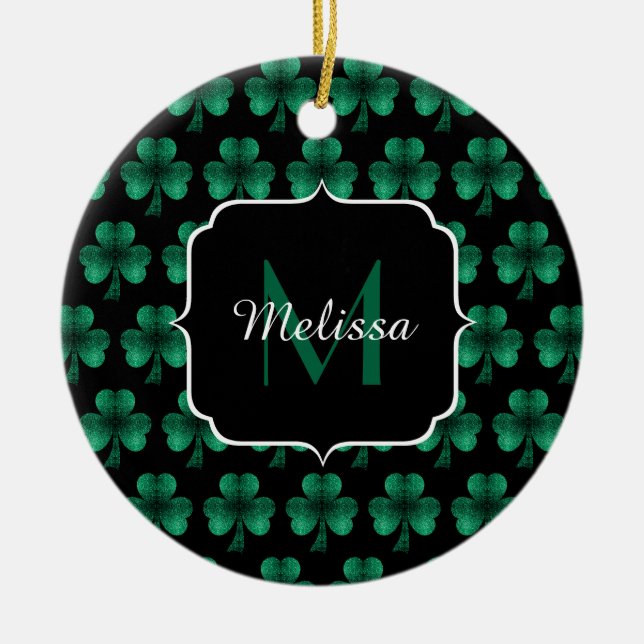 Emerald Green Sparkle Kleeblatt Black Monogram Keramik Ornament (Vorne)