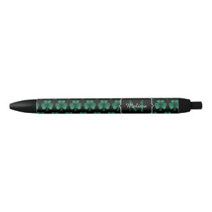 Emerald Green Sparkle Kleeblatt Black Monogram Kugelschreiber
