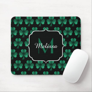 Emerald Green Sparkle Kleeblatt Black Monogram Mousepad