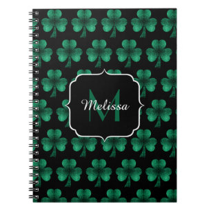Emerald Green Sparkle Kleeblatt Black Monogram Notizblock