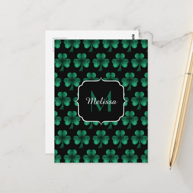 Emerald Green Sparkle Kleeblatt Black Monogram Postkarte (Vorderseite/Rückseite Beispiel)