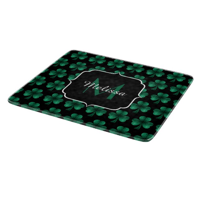 Emerald Green Sparkle Kleeblatt Black Monogram Schneidebrett (Ecke)