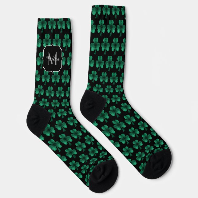 Emerald Green Sparkle Kleeblatt Black Monogram Socken (Rechts)