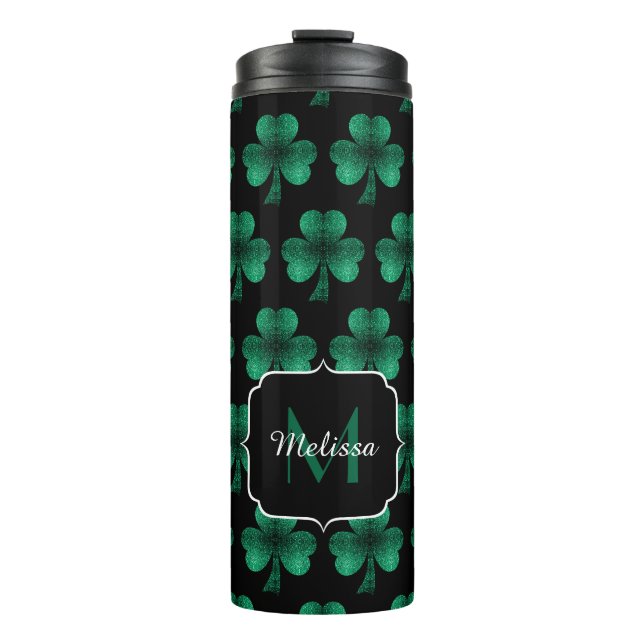 Emerald Green Sparkle Kleeblatt Black Monogram Thermosbecher (Vorderseite)