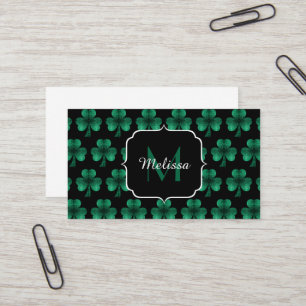 Emerald Green Sparkle Kleeblatt Black Monogram Visitenkarte