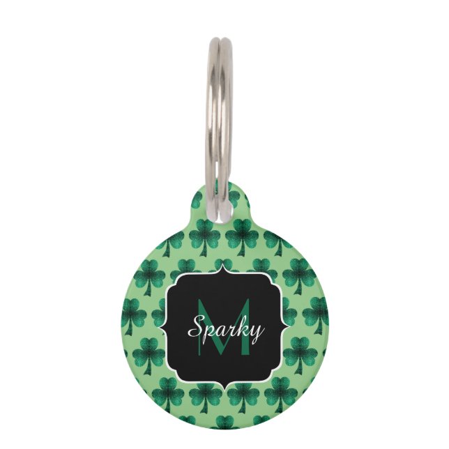 Emerald Green Sparkle Kleeblatt Custom Monogram Haustiermarke (Vorderseite)