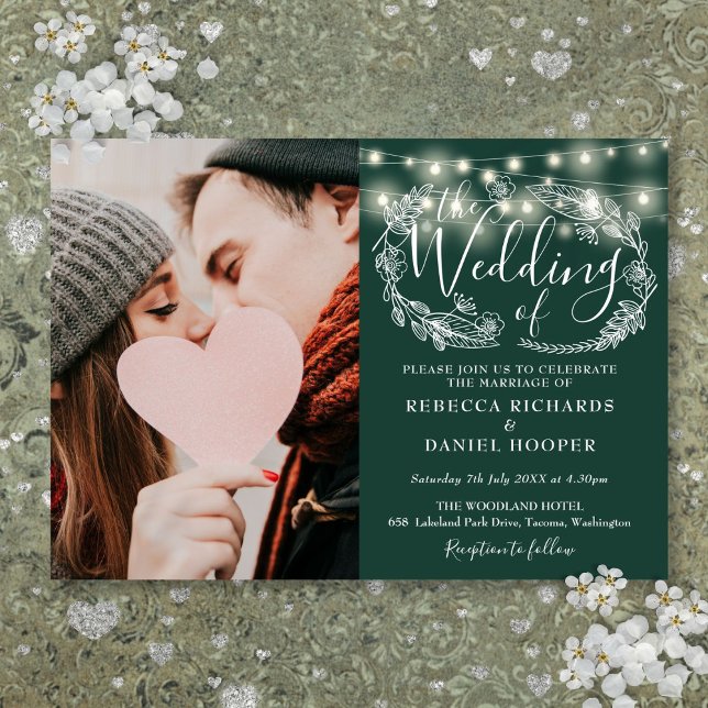 Emerald Green String Lights Floral Foto Wedding Einladung (Emerald Green String Lights Floral Photo Wedding Invitation)