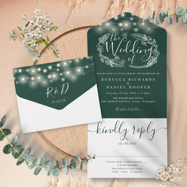 Emerald Green String Lights Foliage Wedding All In One Einladung (Emerald Green String Lights Foliage Wedding All In One Invitation)