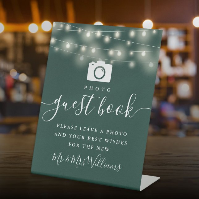 Emerald Green String Lights Foto Gästebuch Sockelschild (Emerald Green String Lights Photo Guest Book Pedestal Sign)