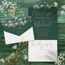 Emerald Green String Lights Gold Script Wedding