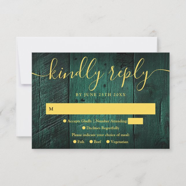 Emerald Green String Lights Rustic Wood Wedding RSVP Karte (Vorderseite)