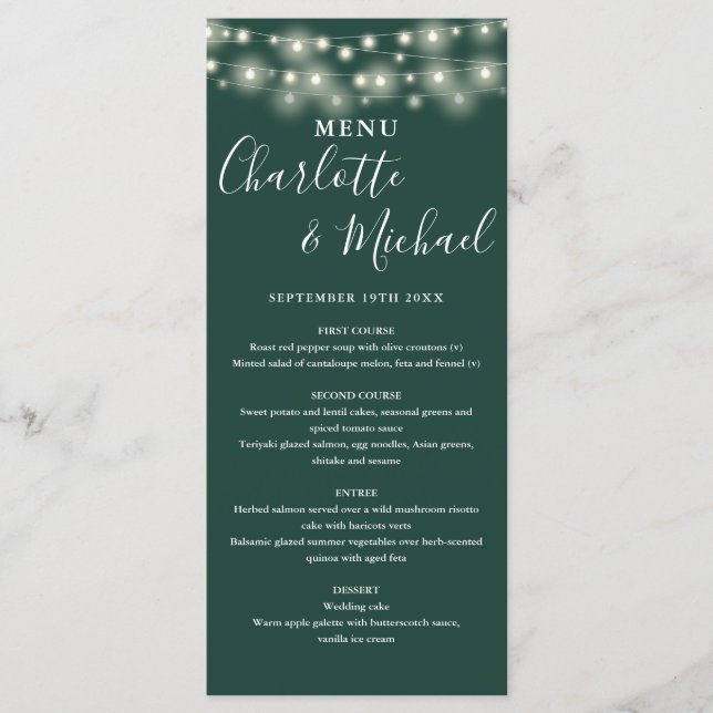 Emerald Green String Lights Signature Wedding Menu Menükarte (Vorderseite)