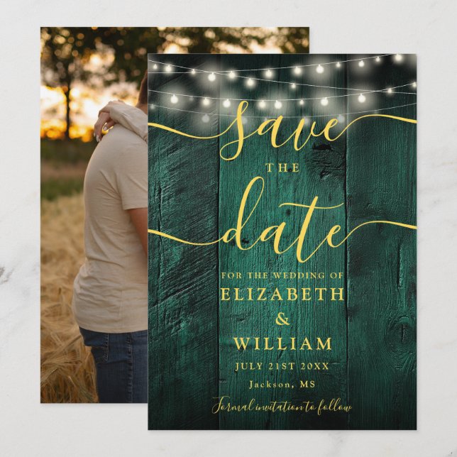 Emerald Green String Lights Wood Foto Wedding Save The Date (Vorne/Hinten)