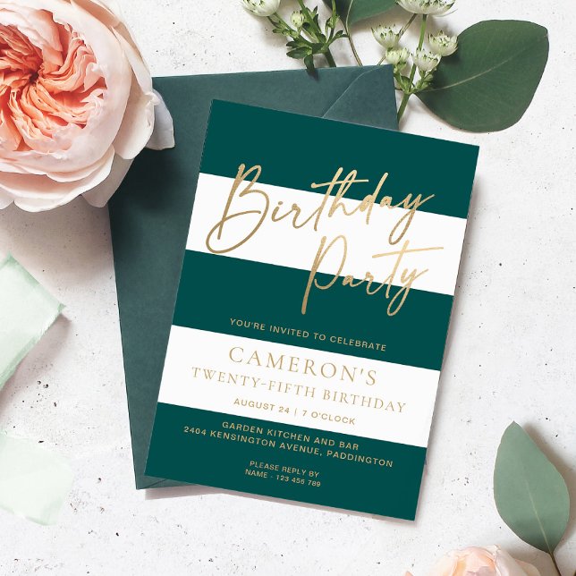 Emerald Green Stripe Gold Geburtstag Einladung (Emerald Green Stripe Birthday Invitation )