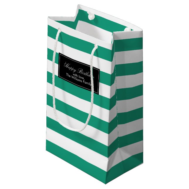 Emerald Green Stripes Muster Personalisiert Kleine Geschenktüte (Vorderseite Schrägansicht)