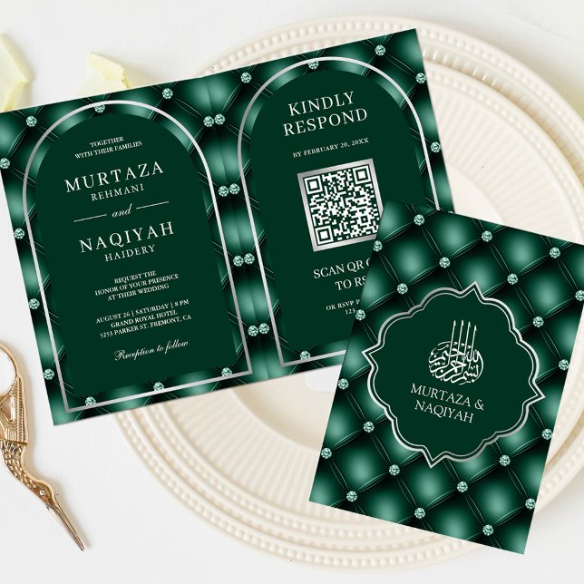 Emerald Green Tufted QR Code Muslim Wedding Einladung (Von Creator hochgeladen)
