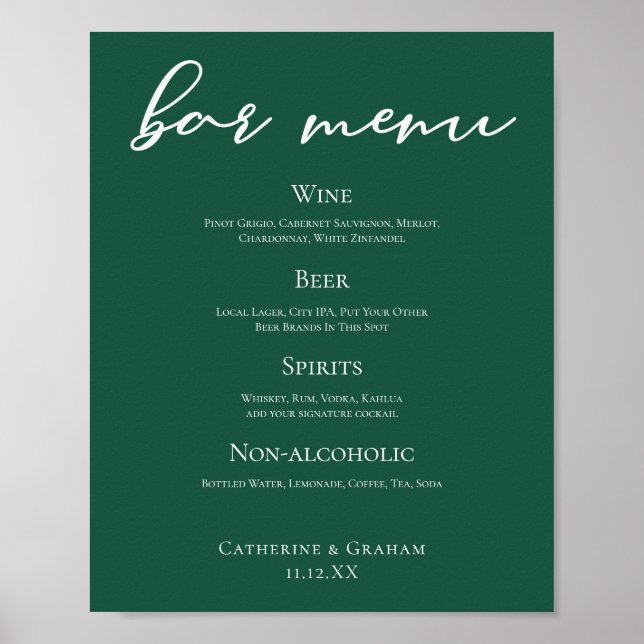 Emerald Green Typografy Forest Wedding Bar Menu Poster (Vorne)