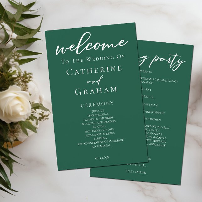 Emerald Green Typografy Forest Wedding Program (Von Creator hochgeladen)