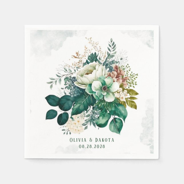Emerald Green und Cream Florals Wedding Serviette (Vorderseite)