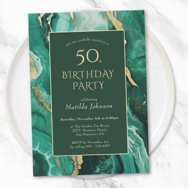 Emerald Green und Gold Agate 50. Geburtstag Einladung (Emerald Green and Gold Agate 50th Birthday Invitation)