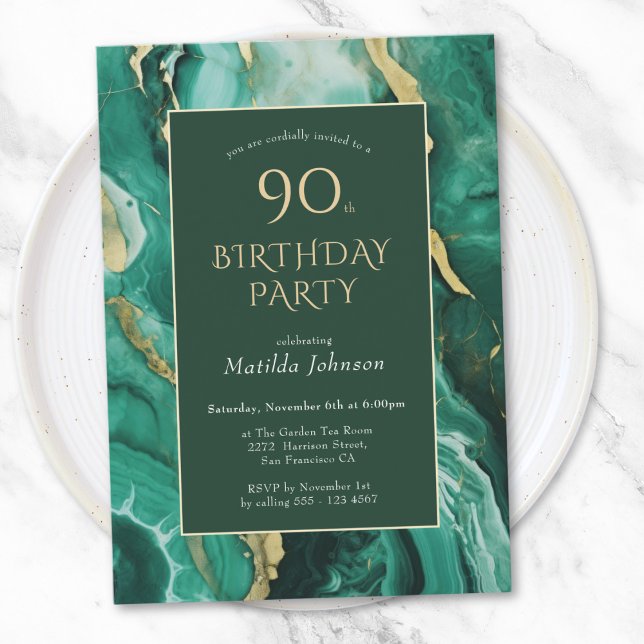 Emerald Green und Gold Agate 90. Geburtstag Einladung (Emerald Green and Gold Agate 90th Birthday Invitation)