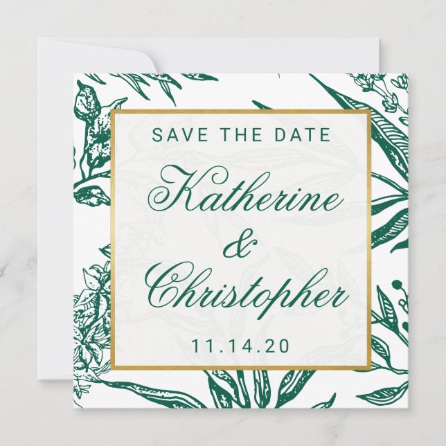 Emerald Green und Gold Botanical Save the Date (Vorderseite)