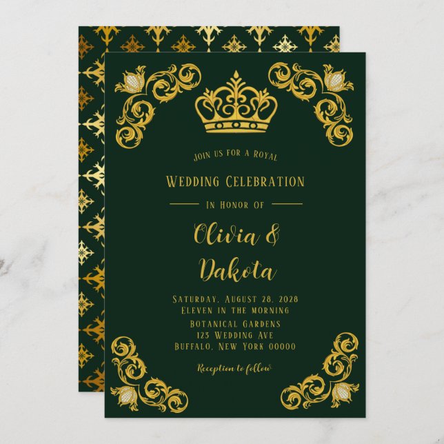 Emerald Green und Gold Damask Royal Wedding Einladung (Vorne/Hinten)